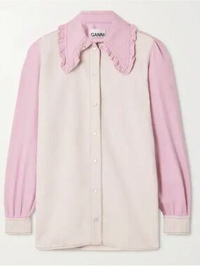 Ganni Ruffled Two-Tone Organic Denim Shirt